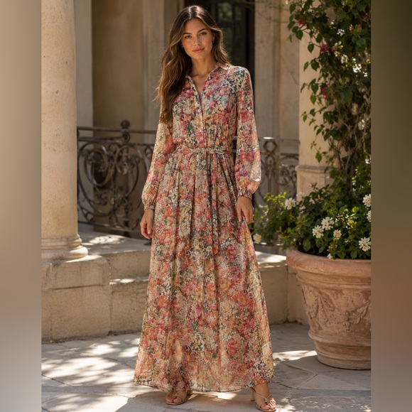 MNG / MANGO Dresses & Skirts - Mango Floral Maxi Dress Size 2 XS NWT Belted Long Sleeve Romantic Garden Party